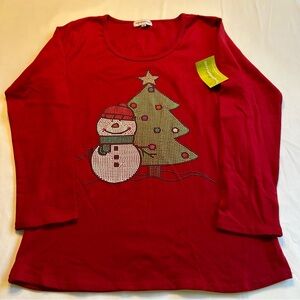 NWT Inspiretees Women’s XL Red Shirt w Rhinestone Snowman & Christmas Tree